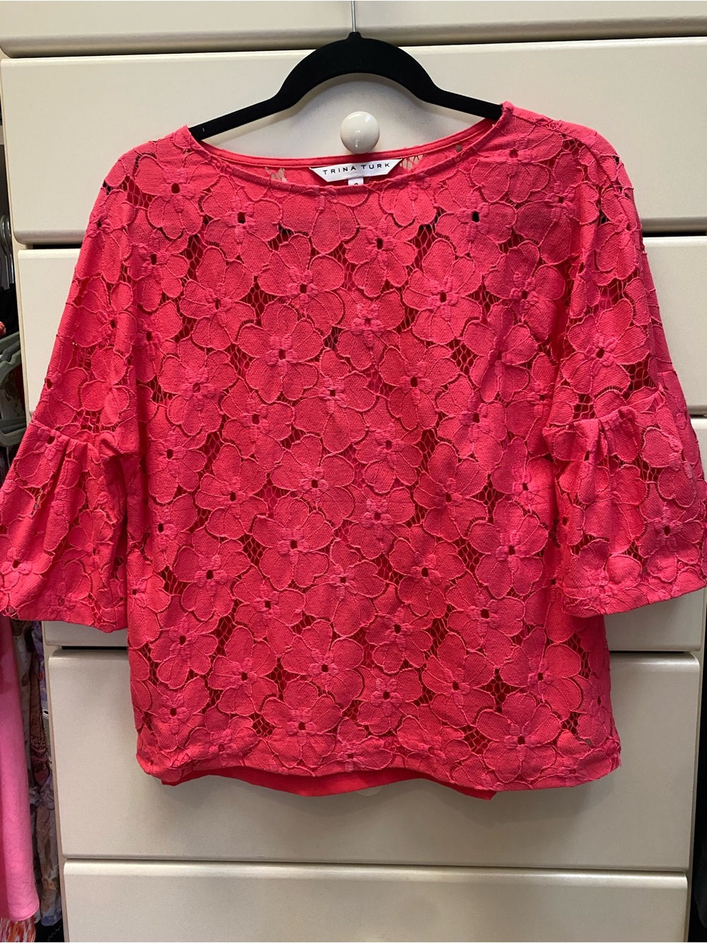 Trina Turk Coral Pink Floral Lace Bell Sleeve Blouse